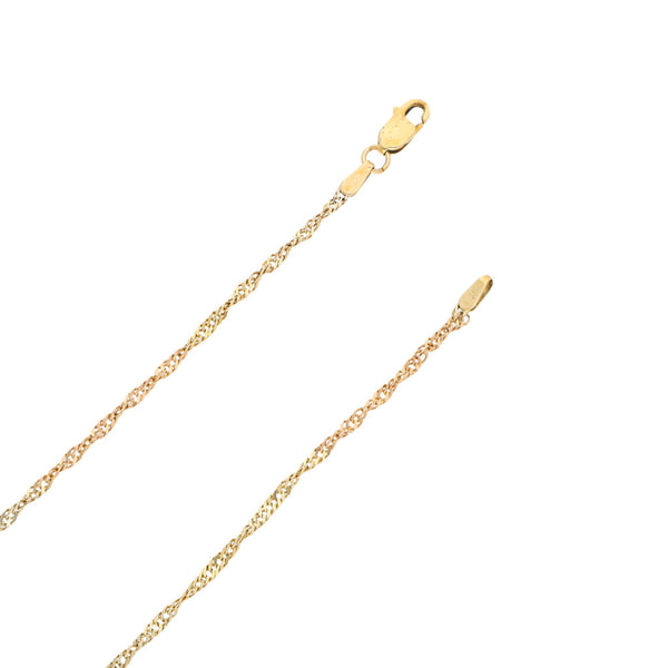 Collar eslabón torzal y dije diseño especial motivo niña en oro tres tonos 14 kilates.