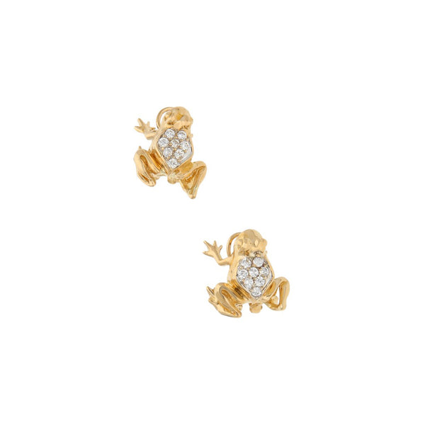 Aretes diseño especial motivo rana con sintéticos en oro amarillo 14 kilates.
