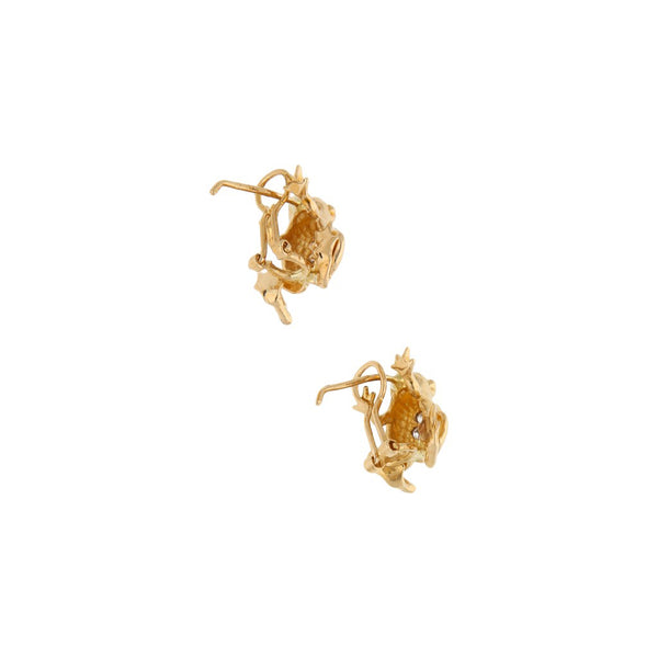 Aretes diseño especial motivo rana con sintéticos en oro amarillo 14 kilates.