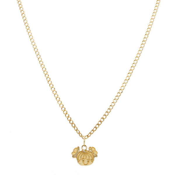 Collar eslabón encontrado y dije diseño especial motivo niña en oro amarillo 14 kilates.