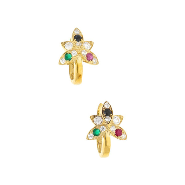 Aretes diseño especial motivo flor con sintéticos en oro amarillo 14 kilates.