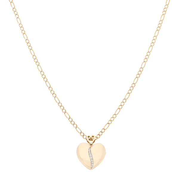 Collar de tres eslabones por uno platinados y dije portaretrato motivo corazón con circonias en oro amarillo 14 kilates.