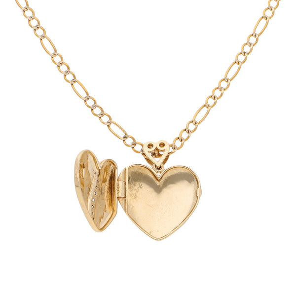 Collar de tres eslabones por uno platinados y dije portaretrato motivo corazón con circonias en oro amarillo 14 kilates.