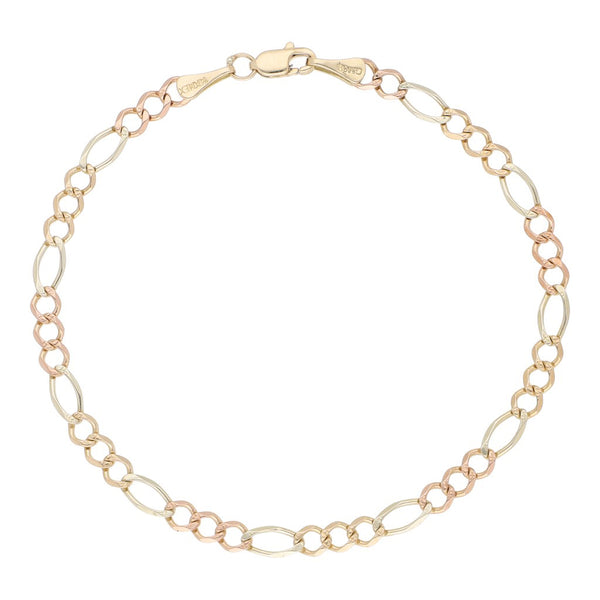 Pulsera de tres eslabones por uno en oro tres tonos 14 kilates.