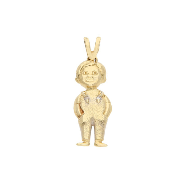 Dije diseño especial motivo niño con circonias en oro amarillo 14 kilates.