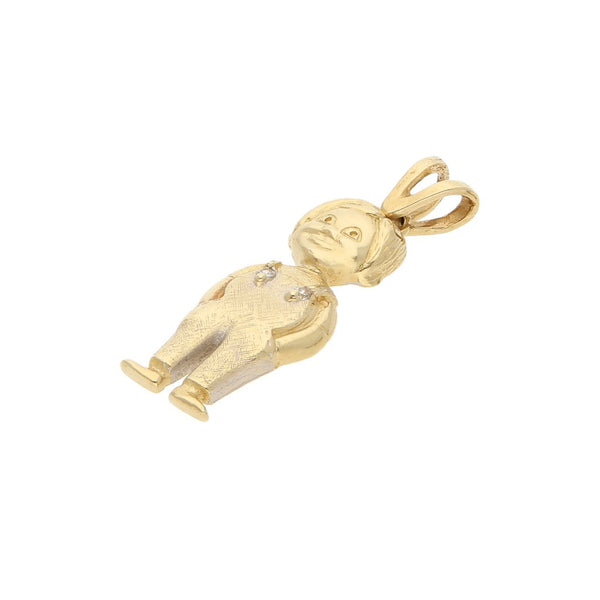 Dije diseño especial motivo niño con circonias en oro amarillo 14 kilates.