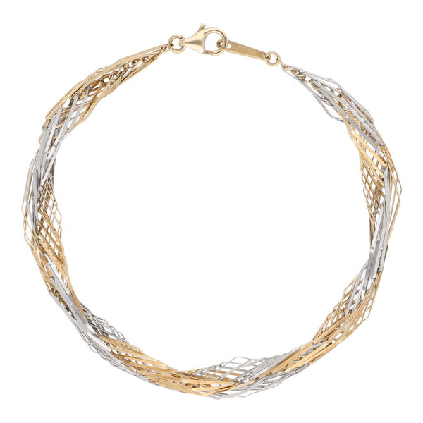 Pulsera eslabón tejido en oro dos tonos 14 kilates.