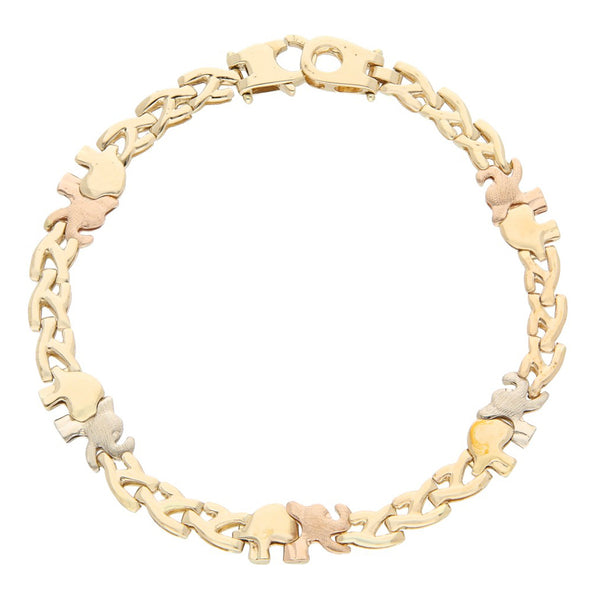 Pulsera eslabón articulado motivo elefantes en oro tres tonos 14 kilates.