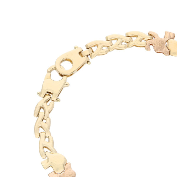Pulsera eslabón articulado motivo elefantes en oro tres tonos 14 kilates.