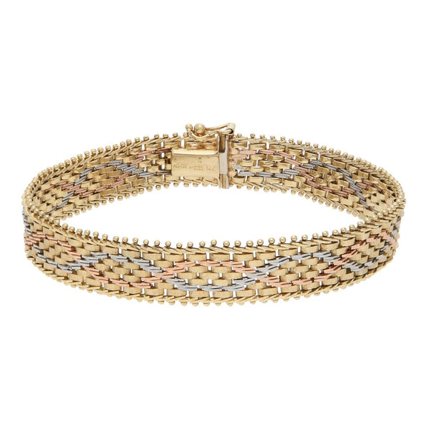 Pulsera eslabón boleado en oro tres tonos 14 kilates.