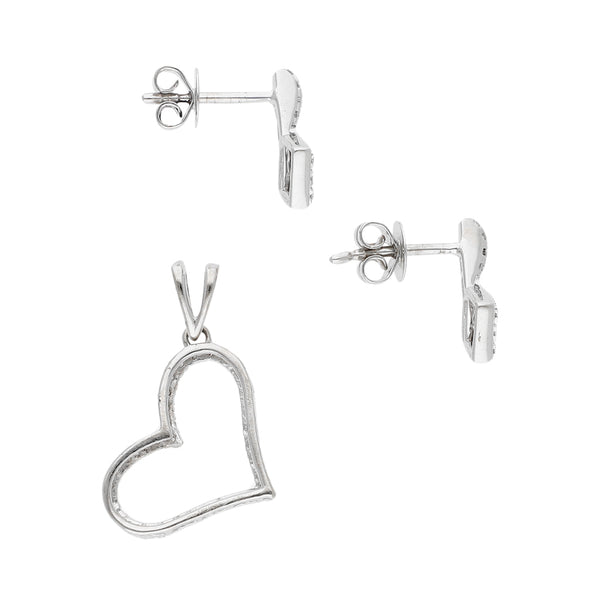 Juego de dije y aretes diseño especial motivo corazón con diamantes en oro blanco 14 kilates.