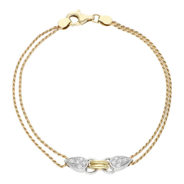 Pulsera dos hilos eslabón torzal con aplicación de sintéticos en oro dos tonos 14 kilates.