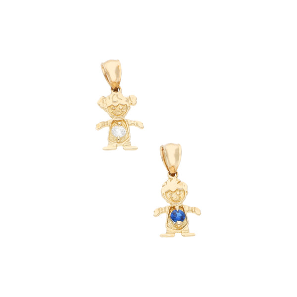 Dos dijes diseño especial motivo niña y niño con sintéticos en oro amarillo 14 Kilates.