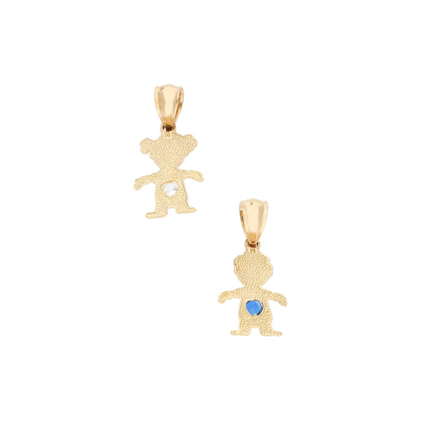 Dos dijes diseño especial motivo niña y niño con sintéticos en oro amarillo 14 Kilates.
