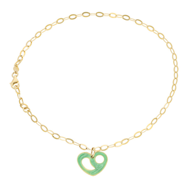 Tobillera eslabón cruzado con colgante esmaltado motivo corazón en oro amarillo 14 kilates.