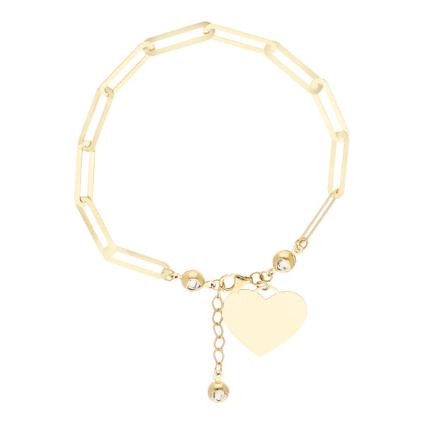Pulsera eslabón cruzado con aplicaciones, sintéticos y colgante motivo corazón en oro amarillo 14 kilates.