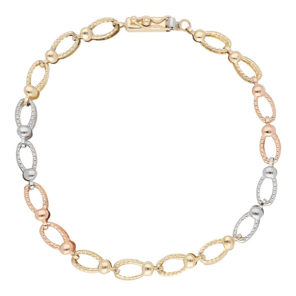 Pulsera eslabón articulado en oro tres tonos 14 kilates.