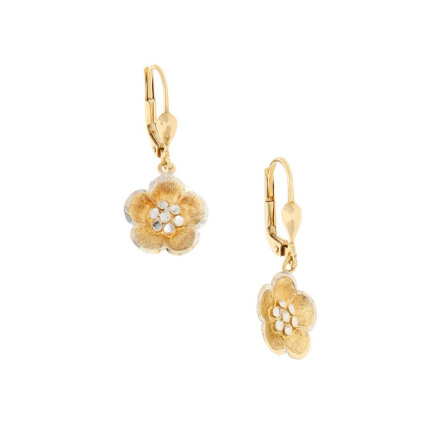 Aretes diseño especial platinado motivo flor en oro amarillo 14 kilates.