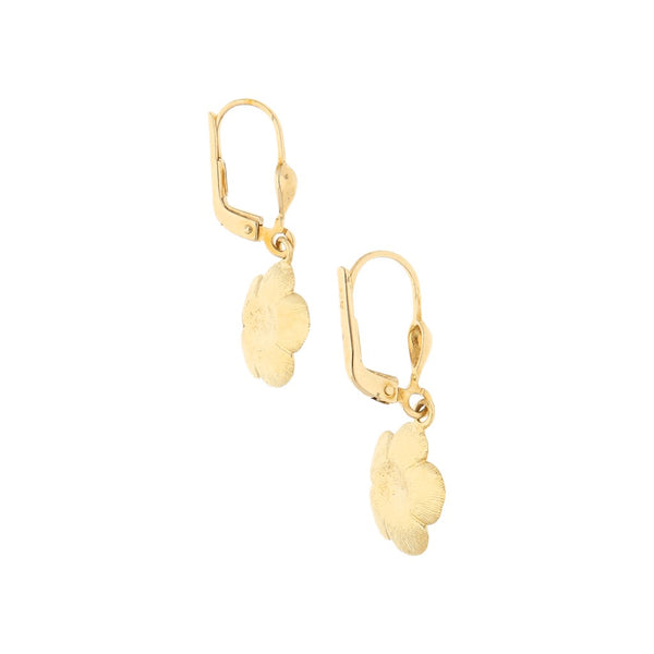 Aretes diseño especial platinado motivo flor en oro amarillo 14 kilates.