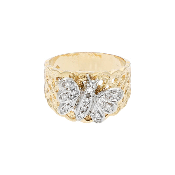 Anillo diseño especial con aplicación y diamantes motivo mariposa en oro dos tonos 14 kilates