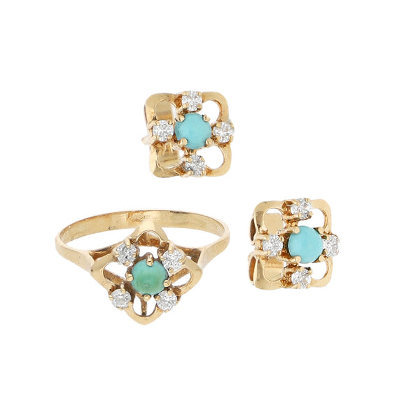 Juego de anillo y broqueles diseño especial con turquesa y sintéticos en oro amarillo 14 kilates.