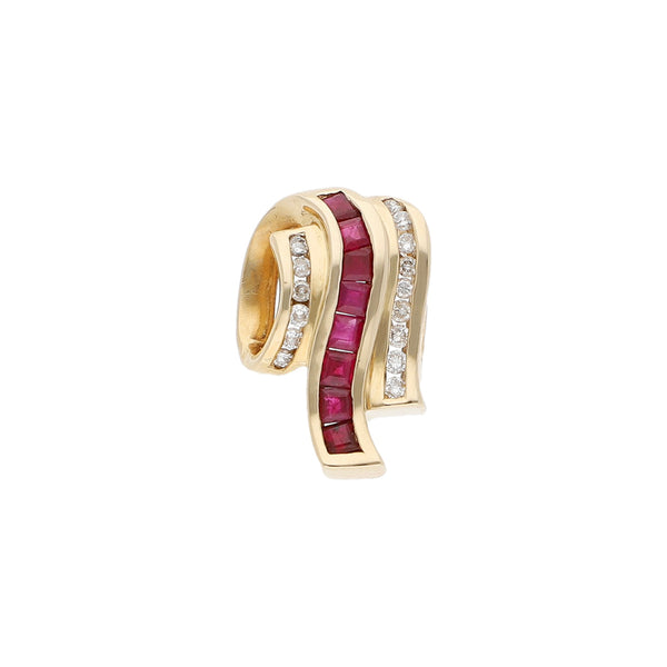 Dije estilizado con diamantes y sintéticos en oro amarillo 14 kilates.