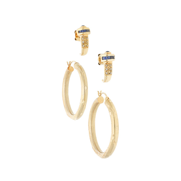Arracadas y broqueles diseño especial con diamantes y sintéticos en oro amarillo 14 kilates.