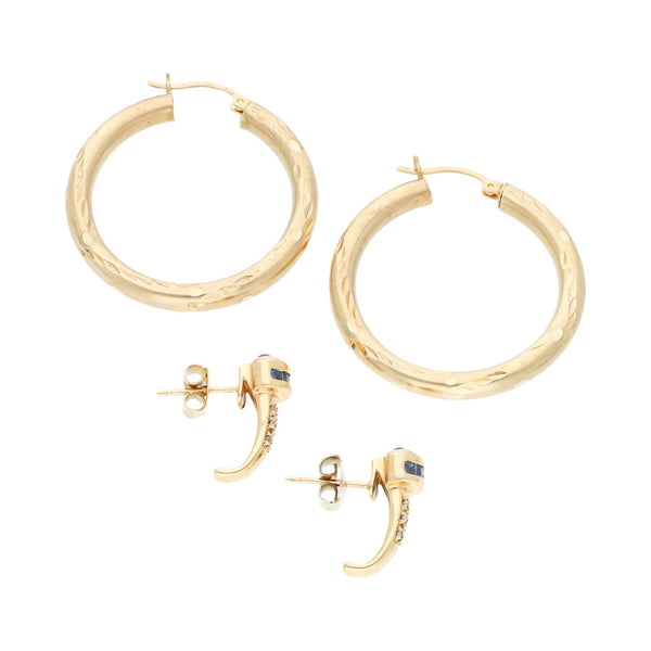 Arracadas y broqueles diseño especial con diamantes y sintéticos en oro amarillo 14 kilates.