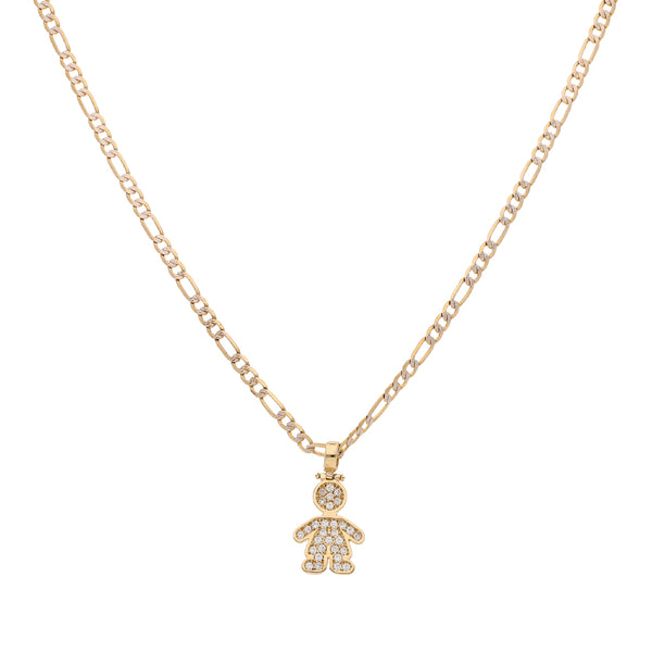 Gargantilla de tres eslabones por uno platinado y dije diseño especial con circonias motivo niño en oro amarillo 14 kilates.
