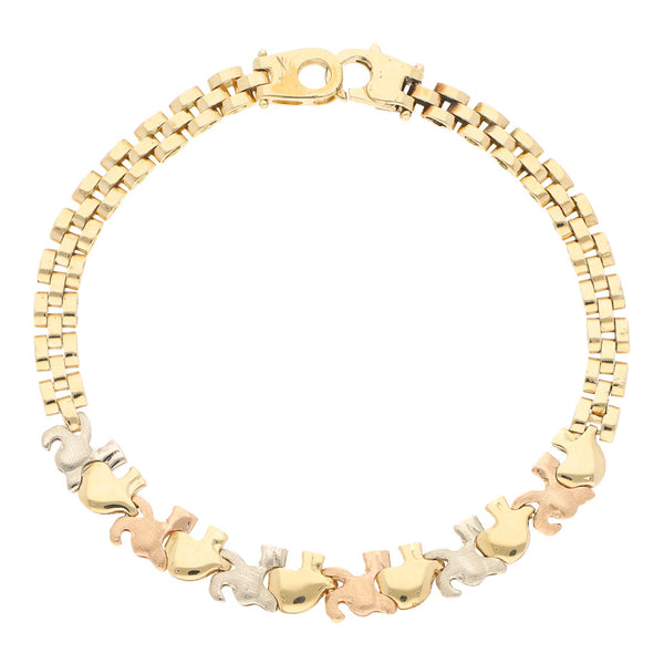 Pulsera eslabón articulado con aplicaciones motivo elefante en oro tres tonos 14 kilates.