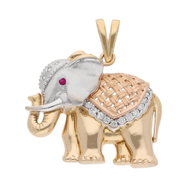 Dije diseño especial motivo elefante con sintéticos en oro tres tonos 14 kilates.