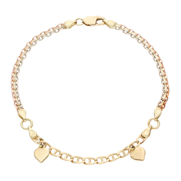 Pulsera de eslabón combinado con colgantes motivo corazón en oro tres tonos 14 kilates.