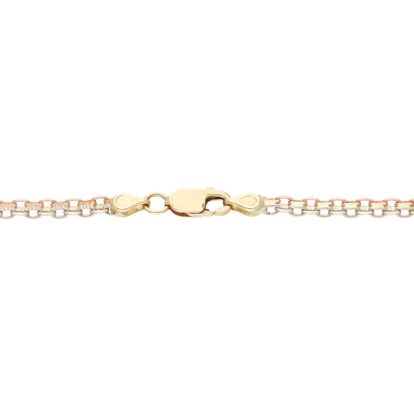 Pulsera de eslabón combinado con colgantes motivo corazón en oro tres tonos 14 kilates.