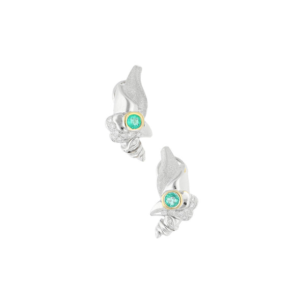 Aretes diseño especial con diamantes y sintéticos en oro blanco 18 kilates.