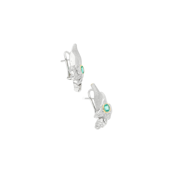 Aretes diseño especial con diamantes y sintéticos en oro blanco 18 kilates.