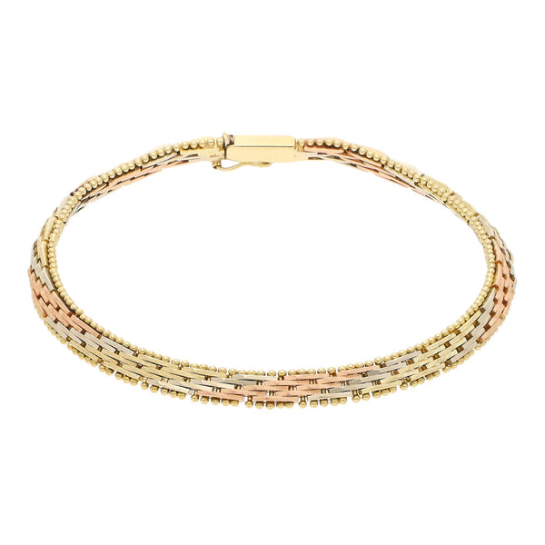 Pulsera eslabón boleado en oro tres tonos 14 kilates.