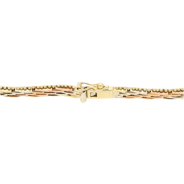 Pulsera eslabón boleado en oro tres tonos 14 kilates.