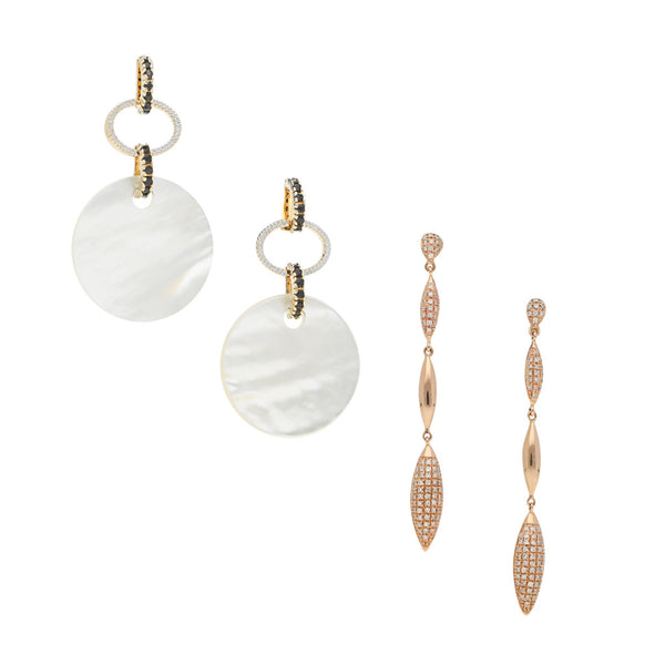 Dos aretes diseño especial con diamantes y sintéticos en oro dos tonos 14 kilates.