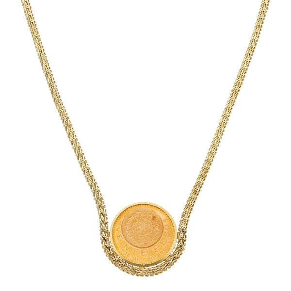 Collar eslabón boleado con aplicación moneda de veinte pesos oro mexicano 21.6 kilates en oro amarillo 14 kilates.