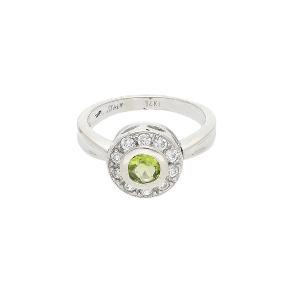 Anillo diseño especial con sintéticos en oro blanco 14 kilates.
