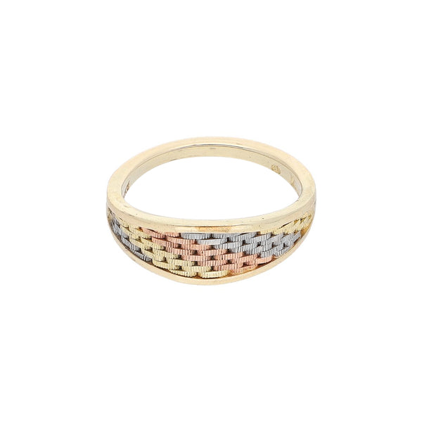 Anillo tejido en oro tres tonos 14 kilates.