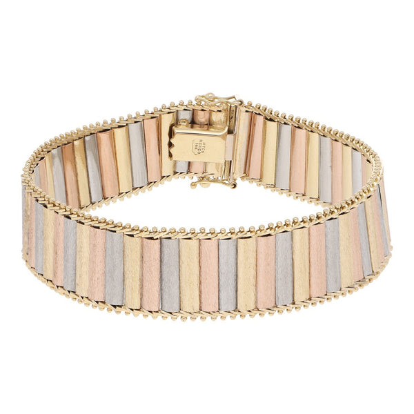 Pulsera eslabón boleado en oro tres tonos 14 kilates.