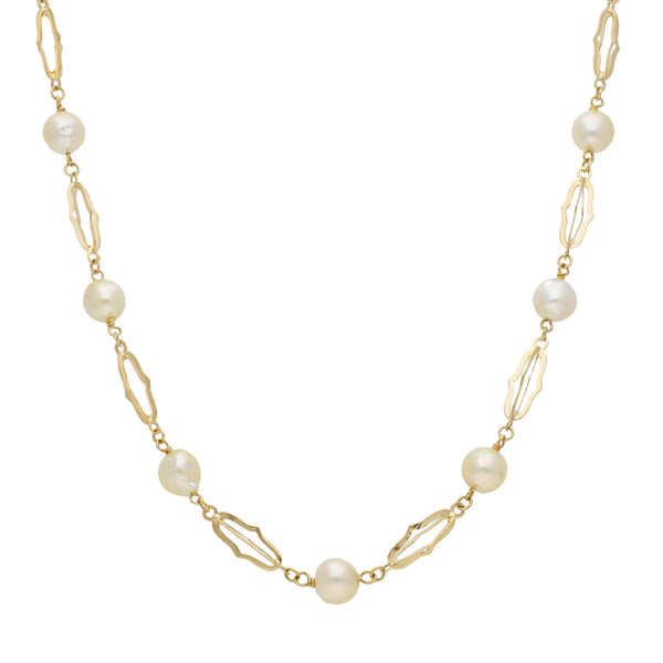 Collar eslabón combinado con perlas en oro amarillo 14 kilates.