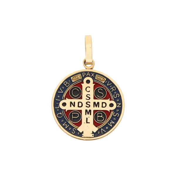 Medalla labrada con esmalte motivo San Benito en oro amarillo 14 kilates.