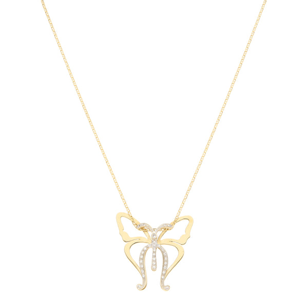 Collar eslabón nudo marino y dije diseño especial con circonias motivo mariposa en oro amarillo 14 kilates.