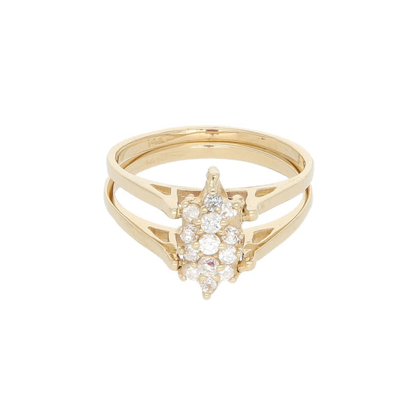 Anillo diseño especial con sintéticos en oro amarillo 14 kilates.