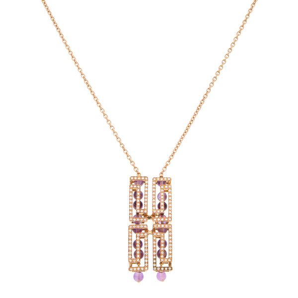 Gargantilla eslabón cruzado con colgante, diamantes y sintéticos firma Versace en oro rosa 18 kilates.