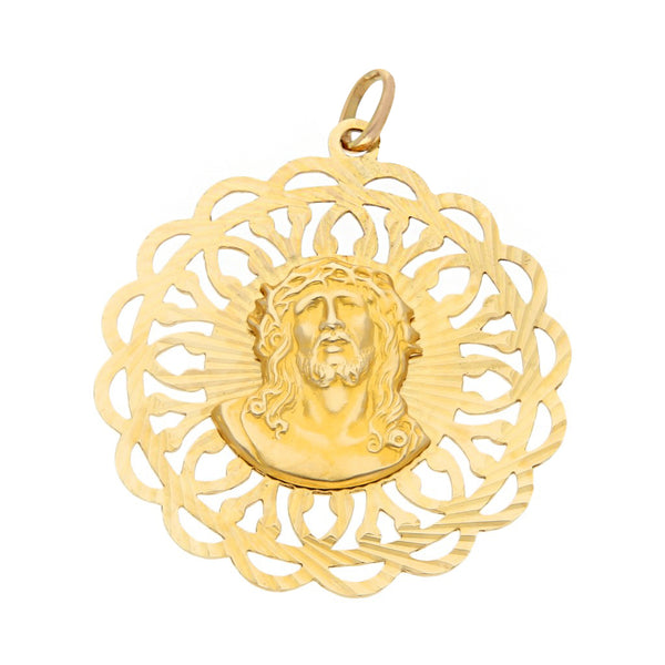 Medalla doble imagen motivo Virgen y Cristo en oro amarillo 14 kilates.