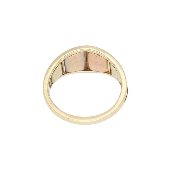 Anillo diseño especial en oro tres tonos 14 kilates.