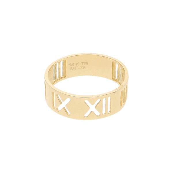 Anillo calado motivo números romanos en oro amarillo 14 kilates.